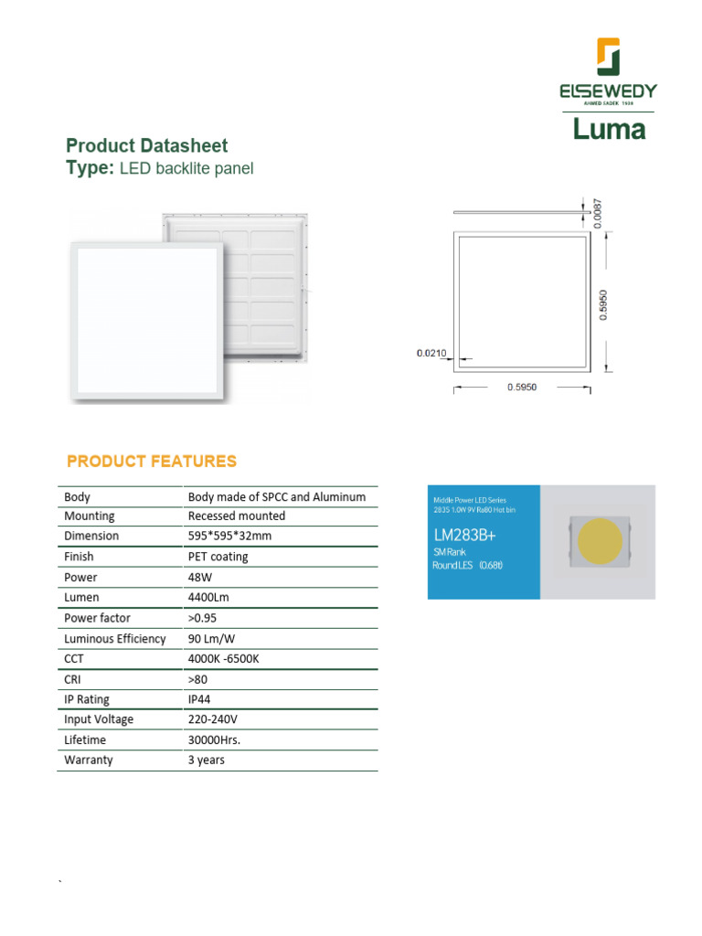 LED Backlit Panel Datasheet 48W | PDF