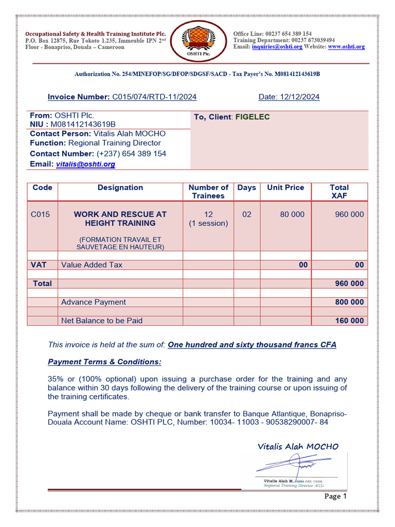 TRAINING INVOICE - FIGELEC No. 074 - 28.11.2024. REV 1 | PDF