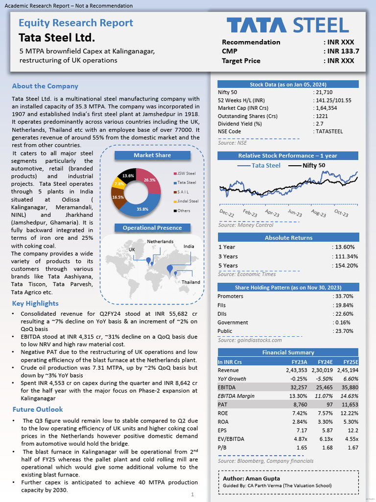 Tata Steel Q2FY24 Financial Overview | PDF | Economy Of India | Inflation