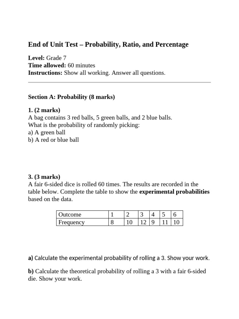 Grade 7 Probability, Ratio, and Percentage Test | PDF