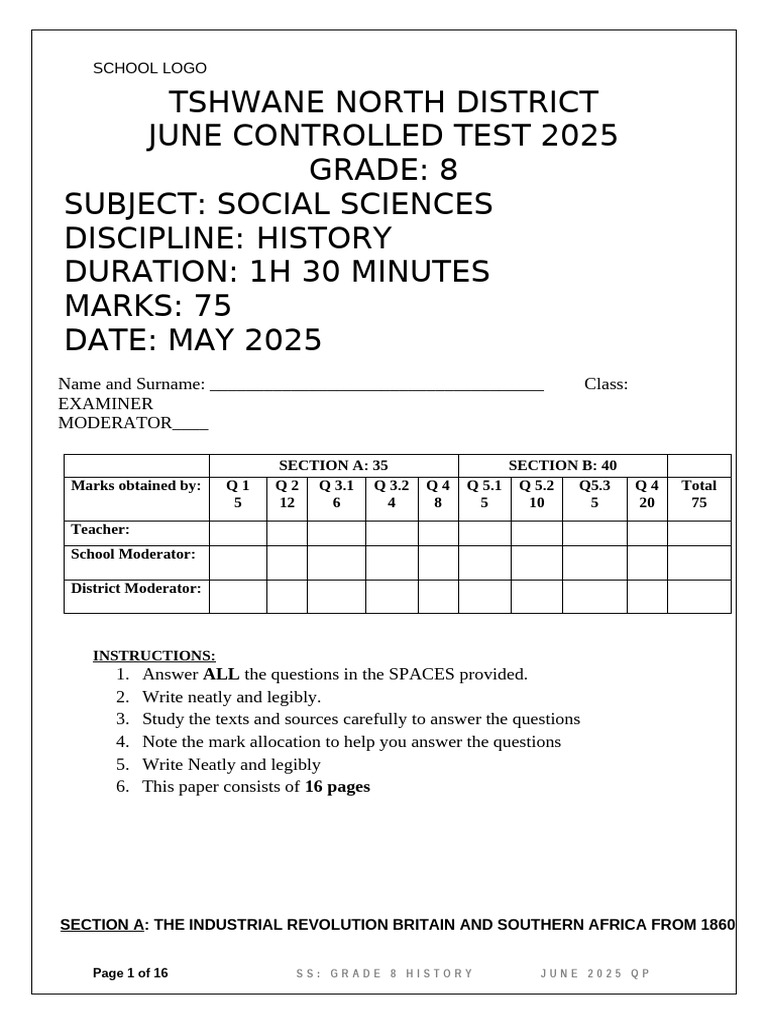 Grade 8 History Exam: June 2025 | PDF | Economies | Agriculture