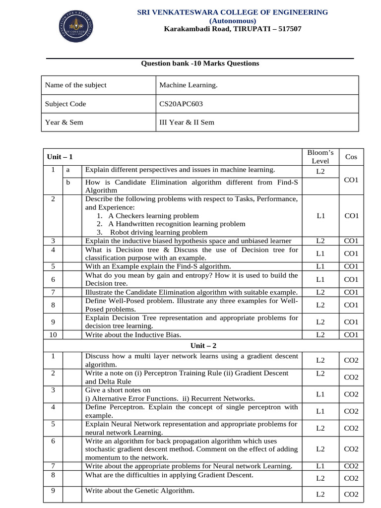 Machine Learning Question Bank for CS Students | PDF | Applied ...