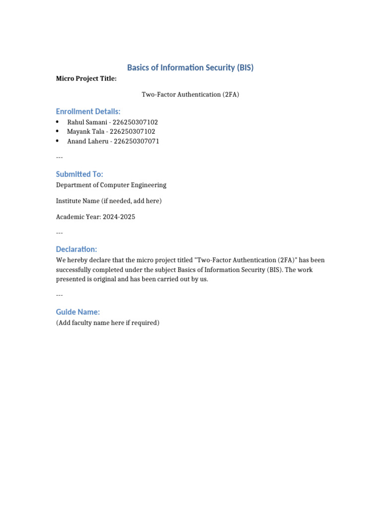 BIS 2FA Micro Project | PDF