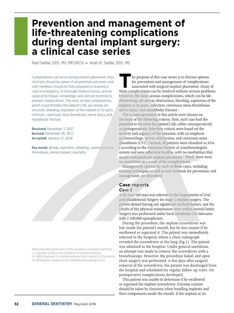 Managing Dental Implant Complications | PDF | Dental Implant | Surgery