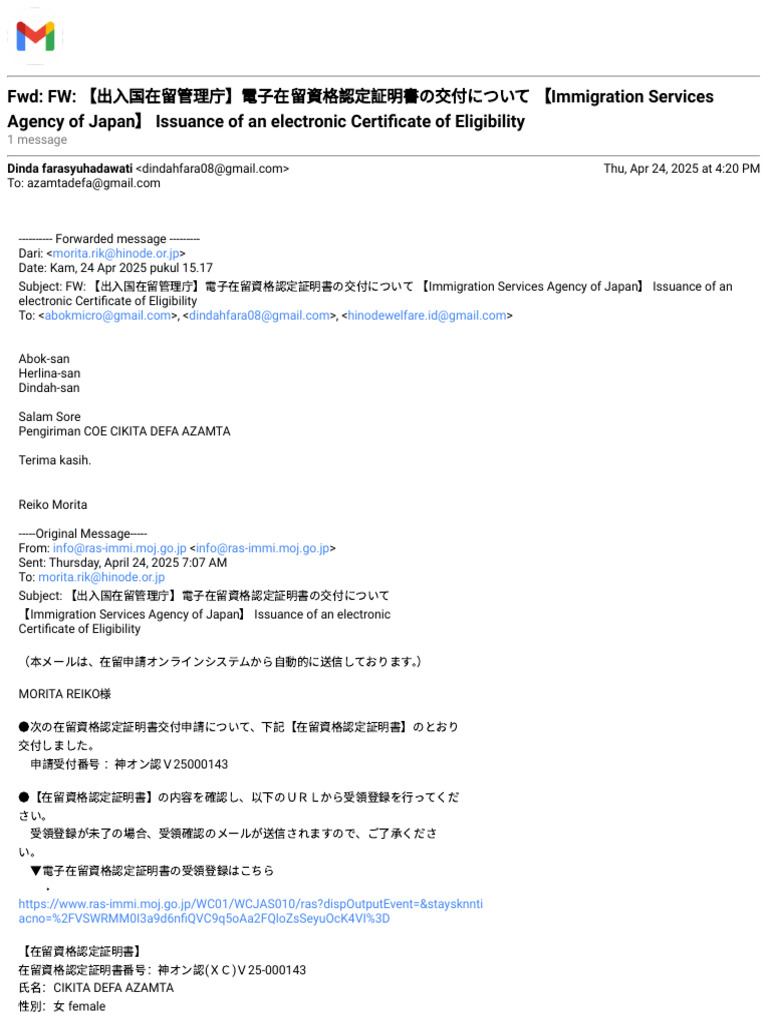FWD: FW: Immigration Services Agency of Japan Issuance of An Electronic ...
