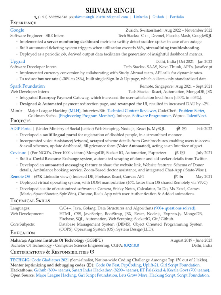 Shivam Singh - Software Engineer Resume | PDF | Computer Programming ...