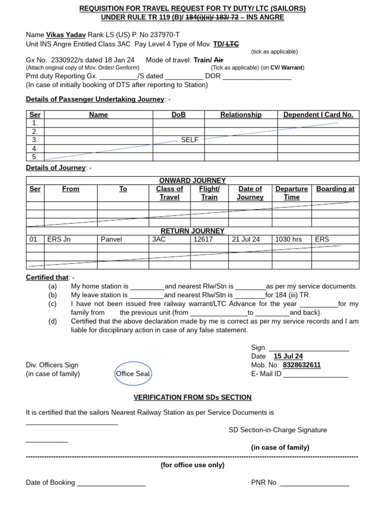 Requisition For Travel On Ty Duty & LTC - Sailors | PDF