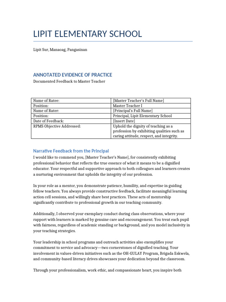 Annotated Feedback Master Teacher | PDF | Mentorship | Teachers