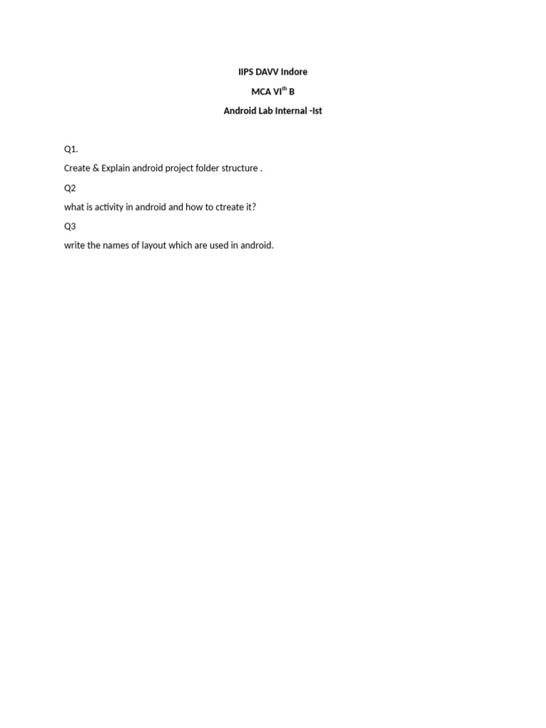 Android Lab Internal Questions for MCA VI | PDF