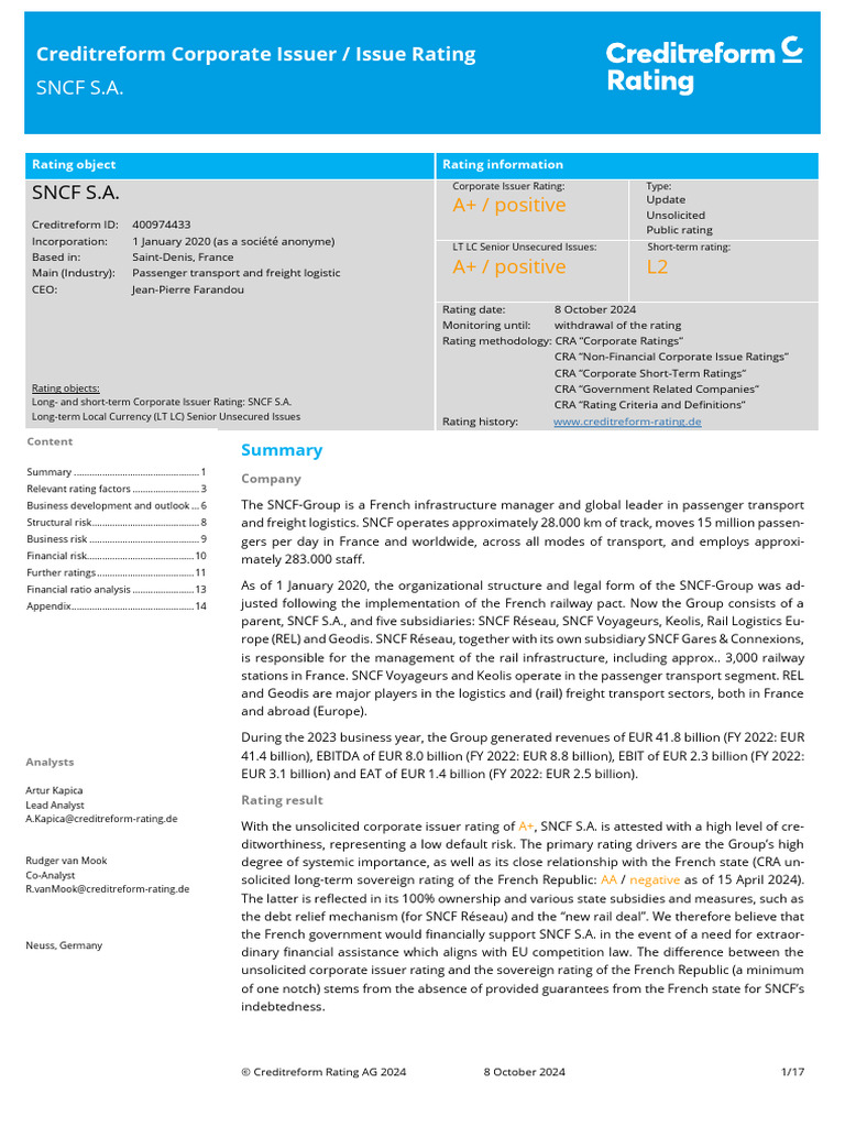 2024-10-08 Rating Report SNCF S.A. - Issuer Issue | PDF | Transport ...
