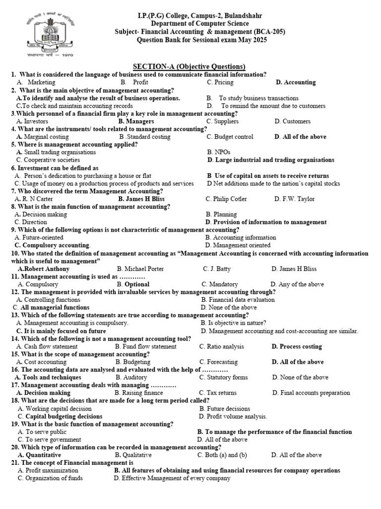 SECTION-A (Objective Questions) | PDF | Working Capital | Management ...