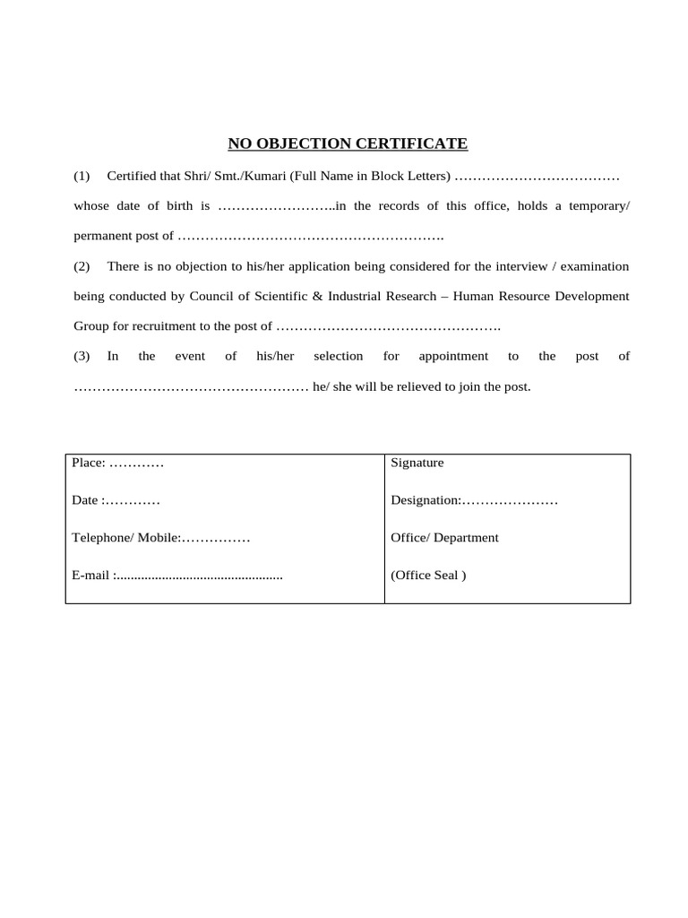 No Objection Certificate Format | PDF