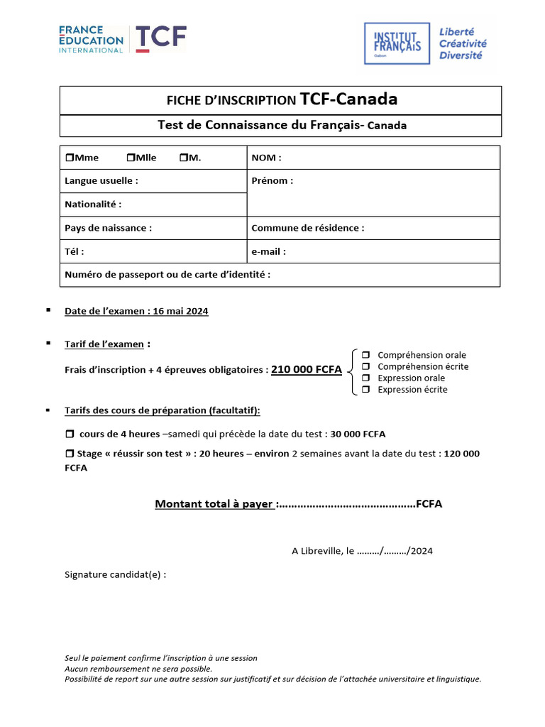 Inscription TCF Canada 2024 : Détails et Coûts | PDF