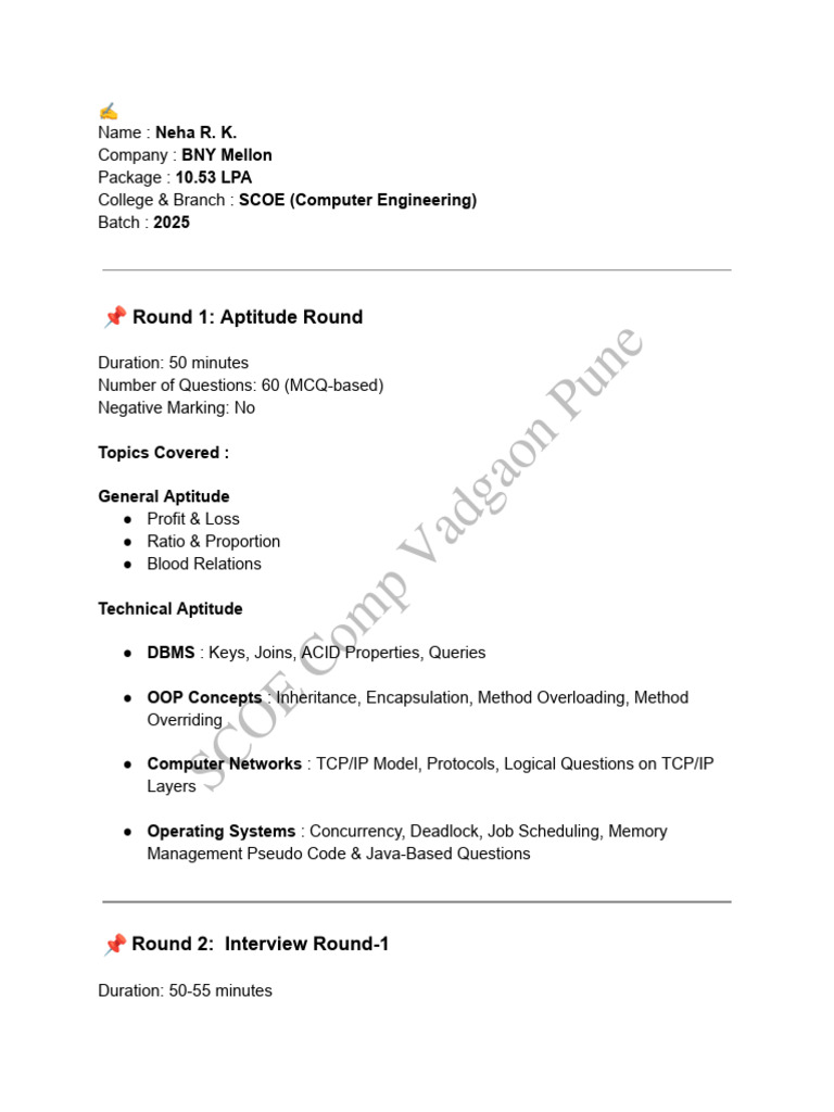 BNY Mellon - Interview Guidelines - Neha R K | PDF | Databases ...