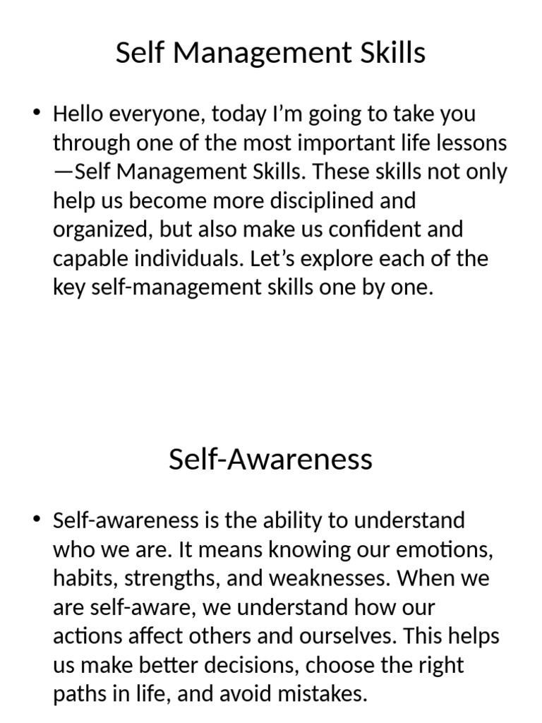 Essential Self Management Skills Guide | PDF | Self Awareness | Self ...