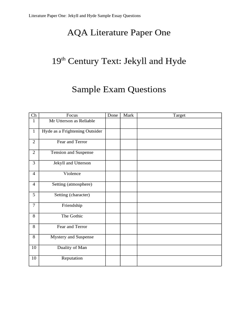 Jekyll and Hyde AQA Exam Questions | PDF | Strange Case Of Dr Jekyll ...