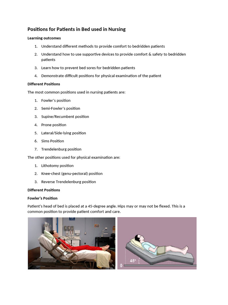 Positions For Patients in Bed Used in Nursing | PDF