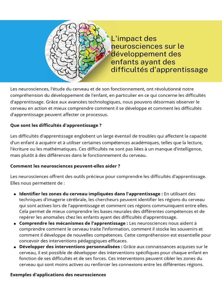 Neurosciences et difficultés d'apprentissage | PDF | Cerveau | Trouble ...