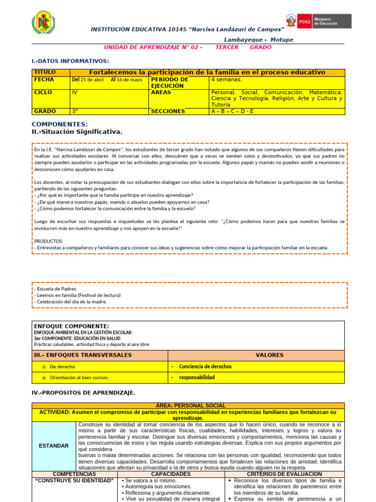 UNIDAD DE APRENDIZAJE 02 TERCER GRADO (Reparado) | PDF | Evaluación ...