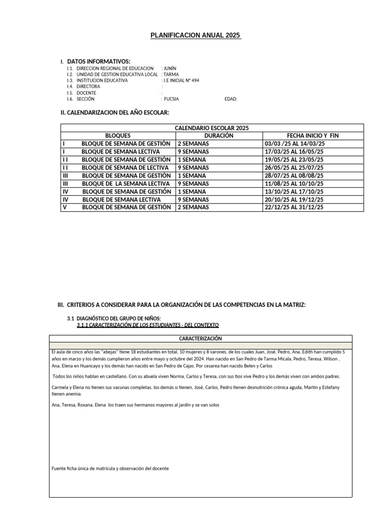 Planificación Anual 2025 I.E. Inicial 494 | PDF | Educación de la ...
