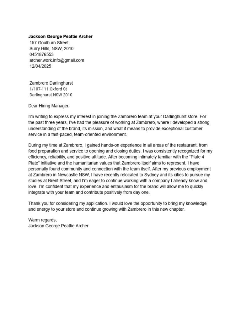 Work Cover Letter | PDF