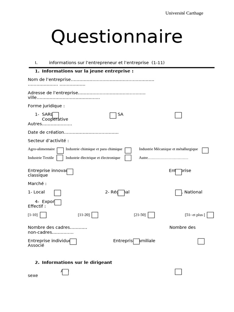 Questionnaire sur l'entrepreneuriat en Tunisie | PDF | Gestion des ...