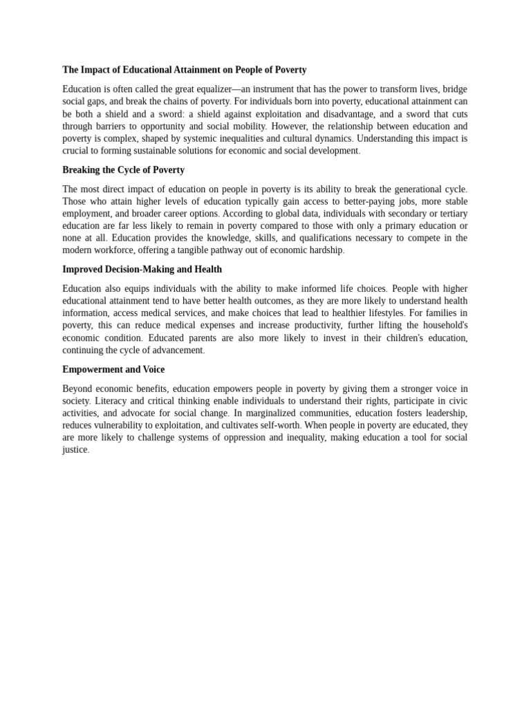 The Impact of Educational Attainment On People of Poverty | PDF