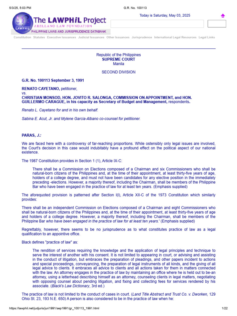 Monsod vs. Cayetano (Practice of Law) | PDF | Lawyer | Practice Of Law
