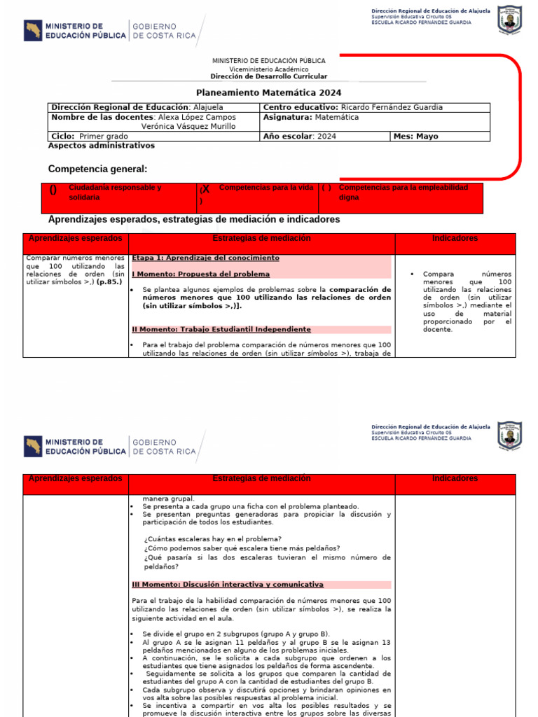 Plan de Matemática Mayo Primero 2024 | PDF | Salón de clases | Aprendizaje