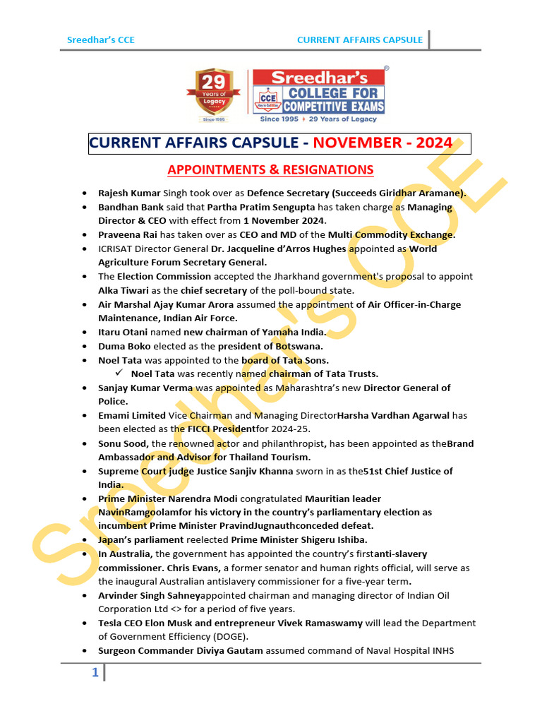 Current Affairs Capsule - November 2024 | PDF