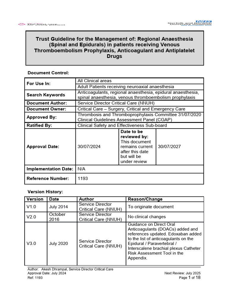 Regional Anaesthesia Guidelines for Anticoagulants | PDF | Anesthesia ...