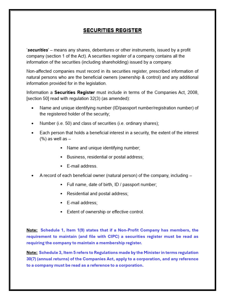 CIPC Securities Register Requirements | PDF