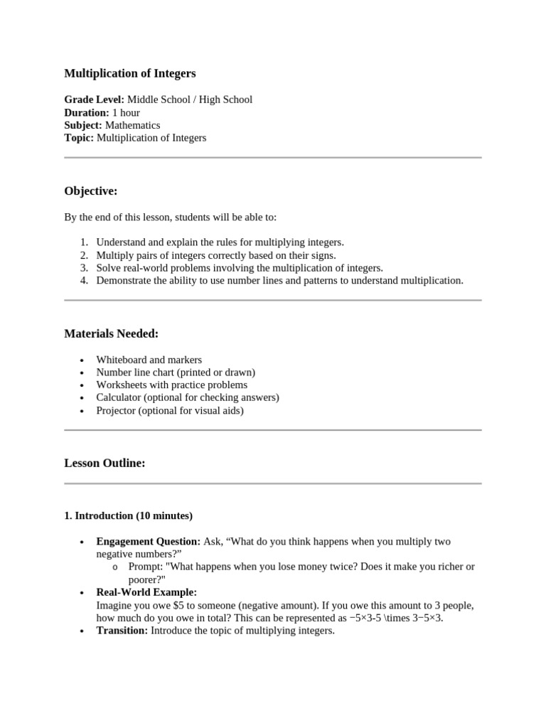 Multiplication of Integers | PDF | Multiplication | Numbers