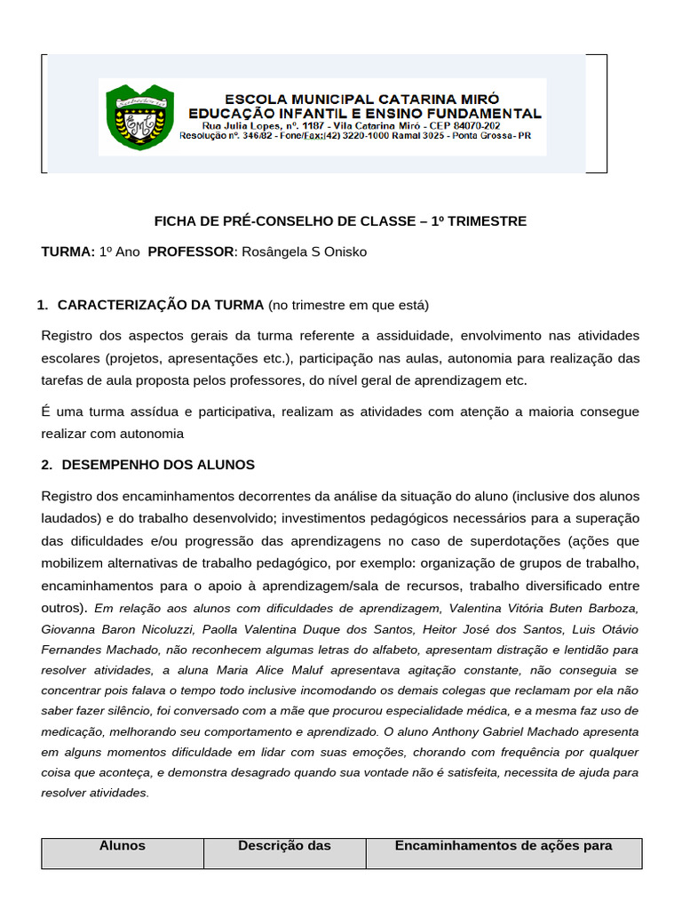 Ficha Pré Conselho Modelo | PDF | Pedagogia | Aprendizado