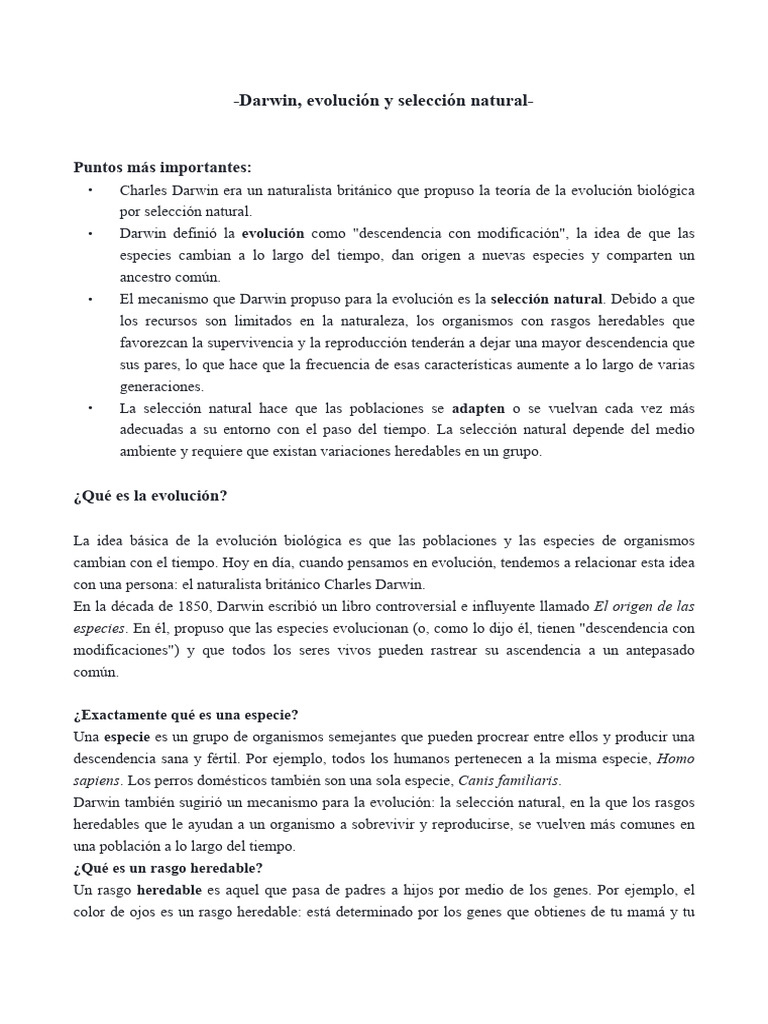 Darwin y la selección natural explicada | PDF | Evolución | Seleccion ...