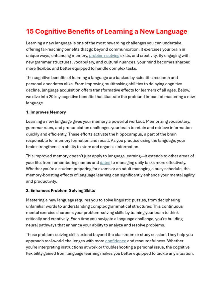 Cognitive Benefits of Learning Languages | PDF | Language Acquisition ...