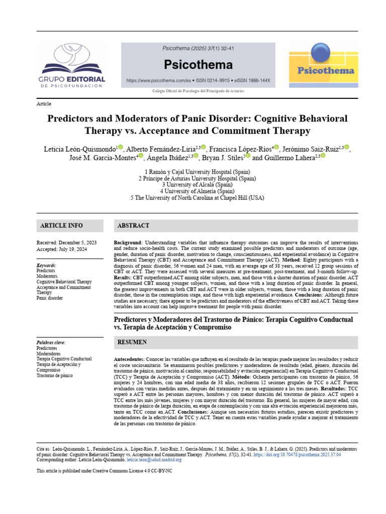 Panic Disorder Therapy Outcomes: CBT vs ACT | PDF | Cognitive ...