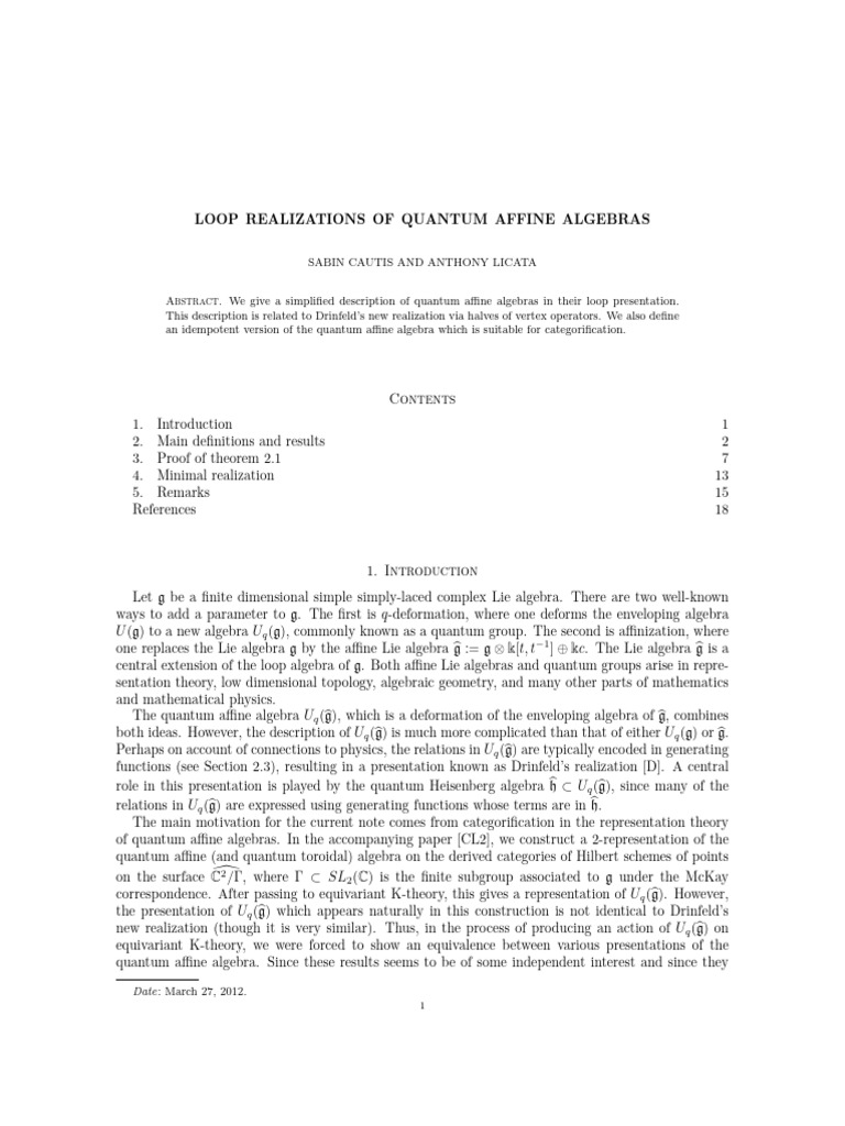 Loop Realizations of Quantum Algebras | PDF | Representation Theory ...