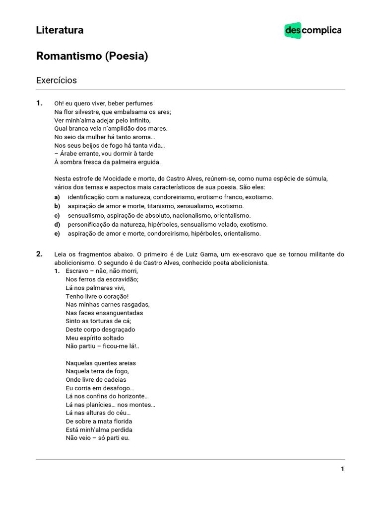 Exercícios de Poesia Romântica com Gabarito | PDF | Romantismo