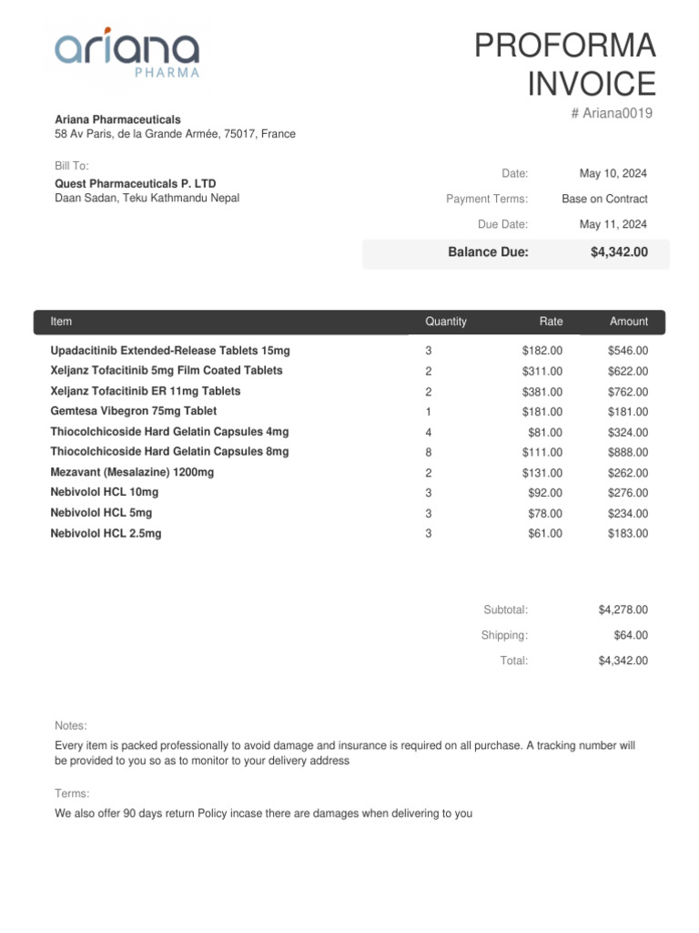Invoice for Quest Pharmaceuticals | PDF | Pharmacy | Pharmacology