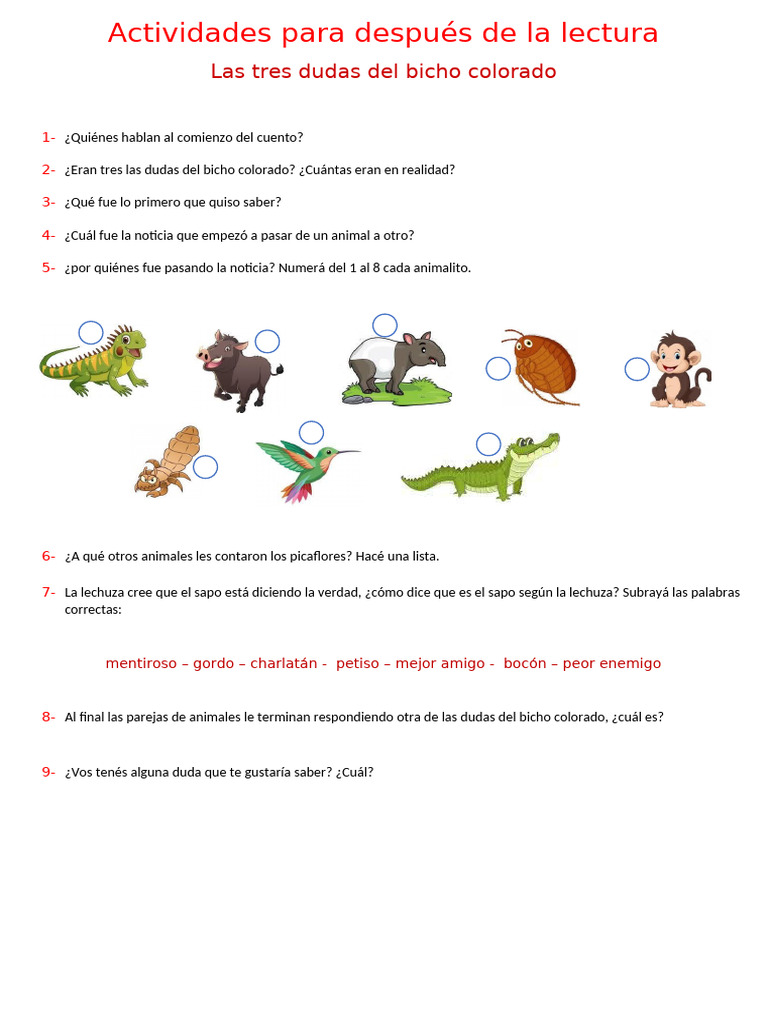Actividades: Las tres dudas del bicho colorado | PDF