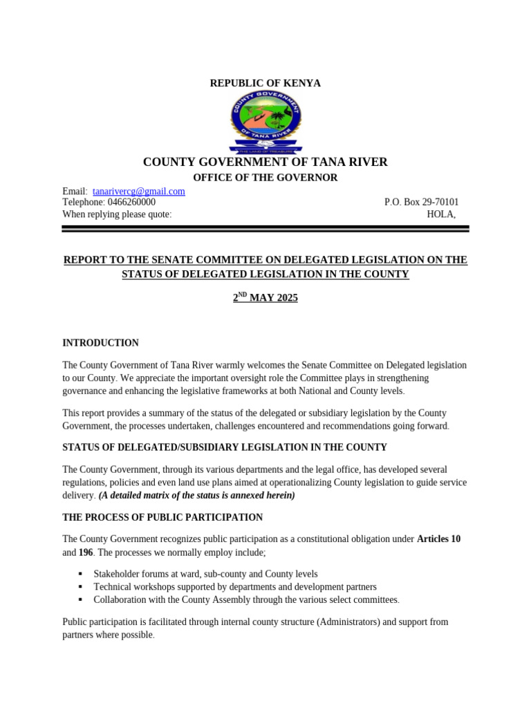 Tana River County Delegated Legislation Report | PDF