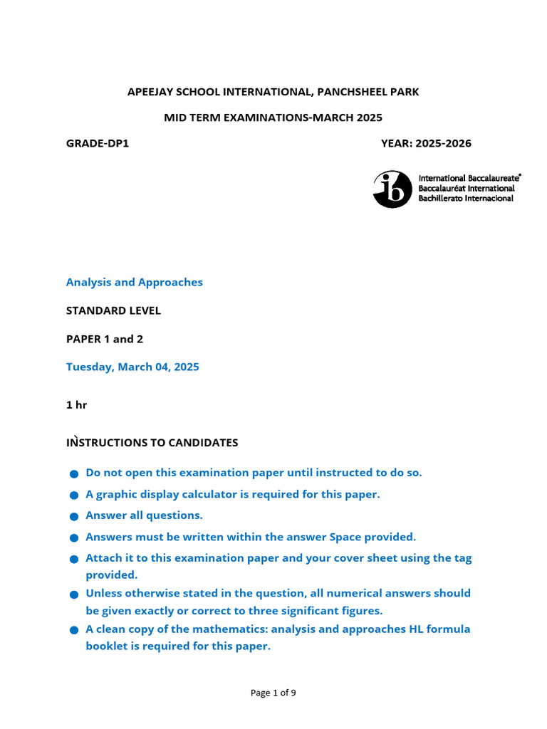 APEEJAY School DP1 Mid-Term Exam 2025 | PDF