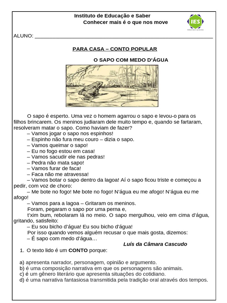 O Sapo com Medo d'Água: Conto Popular | PDF | Contos | Narrativa