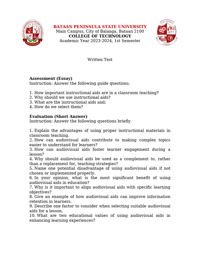 Assessment And Evaluation Written Test Im Pdf