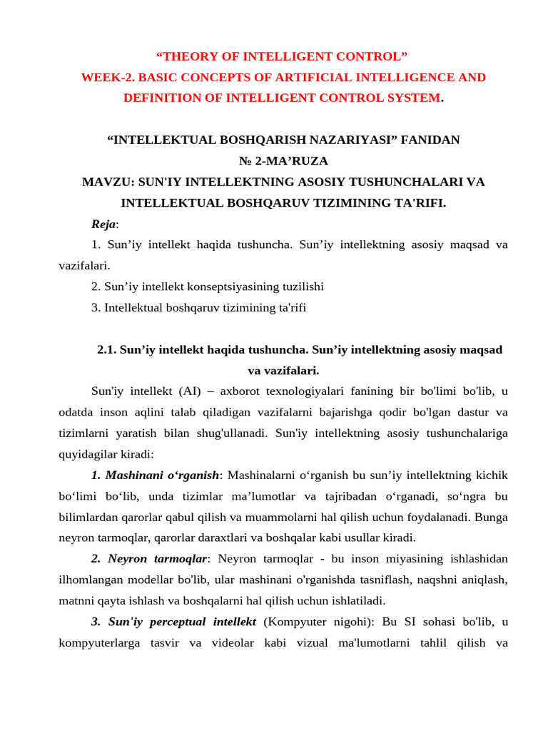(Theory of Intelligent Control) Week-2-Basic Concepts of Artificial ...
