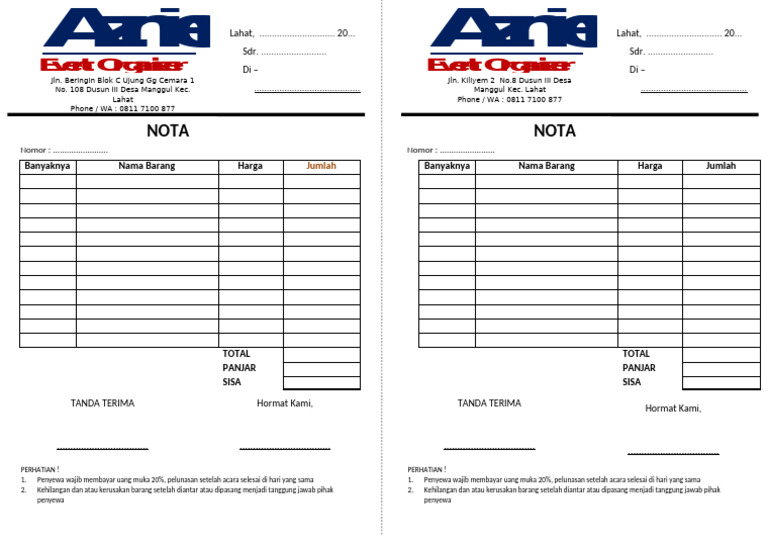 Nota Sewa Mobil dan Event Organizer | PDF