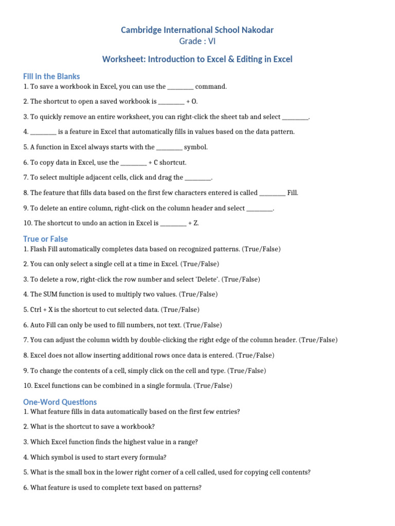 Excel Basics Worksheet for Grade VI | PDF | Microsoft Excel | Computing