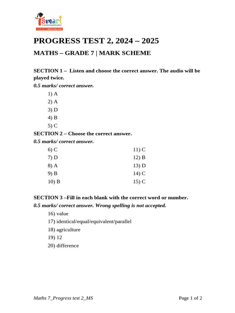 Grade 7 Maths Progress Test 2 Marking Guide | PDF