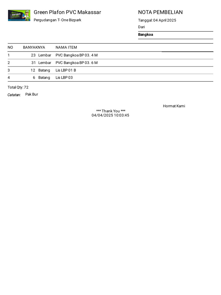 Nota Pembelian Green Plafon PVC | PDF